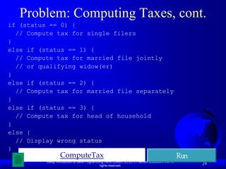 Problem: Computing Taxes, cont.
if (status == 0) {
  // Compute tax for single filers
}
else if (status == 1) {
  // Compute tax for married file jointly
  // or qualifying widow(er)
}
else if (status == 2) {
  // Compute tax for married file separately
}
else if (status == 3) {
  // Compute tax for head of household
}
else {
  // Display wrong status
}
                   ComputeTax                                                                            Run
          Liang, Introduction to Java Programming, Ninth Edition, (c) 2013 Pearson Education, Inc. All
                                               rights reserved.
                                                                                                               29
 