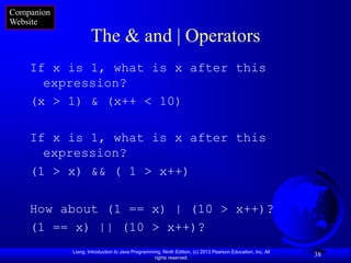 Companion
Website
                    The & and | Operators
    If x is 1, what is x after this
      expression?
    (x > 1) & (x++ < 10)

    If x is 1, what is x after this
      expression?
    (1 > x) && ( 1 > x++)

    How about (1 == x) | (10 > x++)?
    (1 == x) || (10 > x++)?
            Liang, Introduction to Java Programming, Ninth Edition, (c) 2013 Pearson Education, Inc. All
                                                 rights reserved.
                                                                                                           38
 