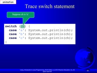 animation

                       Trace switch statement
        Suppose ch is 'a':



 switch       (ch)           {
   case       'a':           System.out.println(ch);
   case       'b':           System.out.println(ch);
   case       'c':           System.out.println(ch);
 }




                Liang, Introduction to Java Programming, Ninth Edition, (c) 2013 Pearson Education, Inc. All
                                                     rights reserved.
                                                                                                               45
 