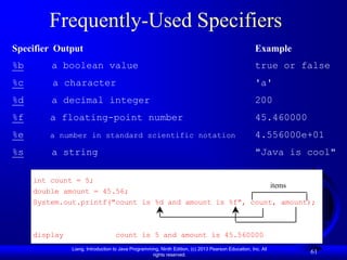 Frequently-Used Specifiers
Specifier Output                                                                                     Example
%b       a boolean value                                                                             true or false
%c       a character                                                                                 'a'
%d       a decimal integer                                                                           200
%f      a floating-point number                                                                      45.460000
%e      a number in standard scientific notation                                                     4.556000e+01
%s       a string                                                                                    "Java is cool"

     int count = 5;
                                                            items
     double amount = 45.56;
     System.out.printf("count is %d and amount is %f", count, amount);



     display                       count is 5 and amount is 45.560000
               Liang, Introduction to Java Programming, Ninth Edition, (c) 2013 Pearson Education, Inc. All
                                                    rights reserved.
                                                                                                                 61
 