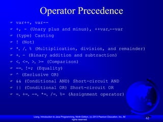 Operator Precedence
   var++, var--
   +, - (Unary plus and minus), ++var,--var
   (type) Casting
   ! (Not)
   *, /, % (Multiplication, division, and remainder)
   +, - (Binary addition and subtraction)
   <, <=, >, >= (Comparison)
   ==, !=; (Equality)
   ^ (Exclusive OR)
   && (Conditional AND) Short-circuit AND
   || (Conditional OR) Short-circuit OR
   =, +=, -=, *=, /=, %= (Assignment operator)



          Liang, Introduction to Java Programming, Ninth Edition, (c) 2013 Pearson Education, Inc. All
                                               rights reserved.
                                                                                                         62
 
