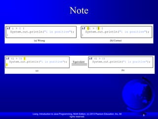 Note
if i > 0 {                                                        if (i > 0) {
  System.out.println("i is positive");                              System.out.println("i is positive");
}                                                                 }
                 (a) Wrong                                                                      (b) Correct




if (i > 0) {                                                              if (i > 0)
  System.out.println("i is positive");                   Equivalent         System.out.println("i is positive");
}

                  (a)                                                                                          (b)




                Liang, Introduction to Java Programming, Ninth Edition, (c) 2013 Pearson Education, Inc. All
                                                     rights reserved.
                                                                                                                     8
 
