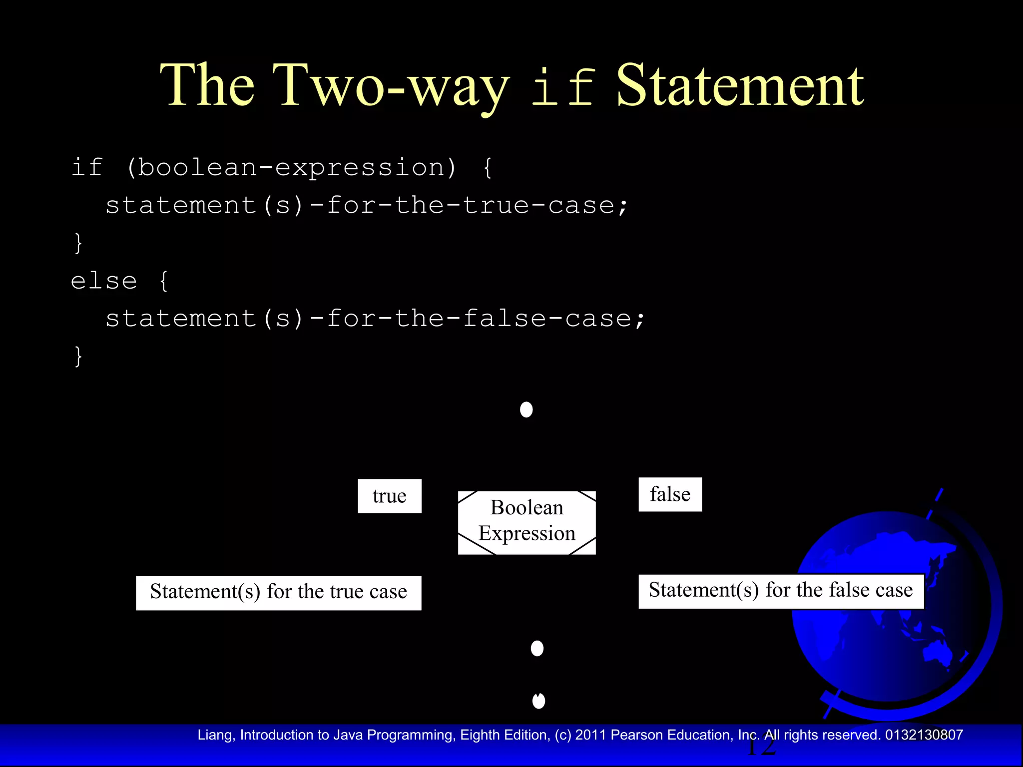 The Two-way if Statement
if (boolean-expression) {
statement(s)-for-the-true-case;
}
else {
statement(s)-for-the-false-case;
}

true

Statement(s) for the true case

Boolean
Expression

false

Statement(s) for the false case

12

Liang, Introduction to Java Programming, Eighth Edition, (c) 2011 Pearson Education, Inc. All rights reserved. 0132130807

 