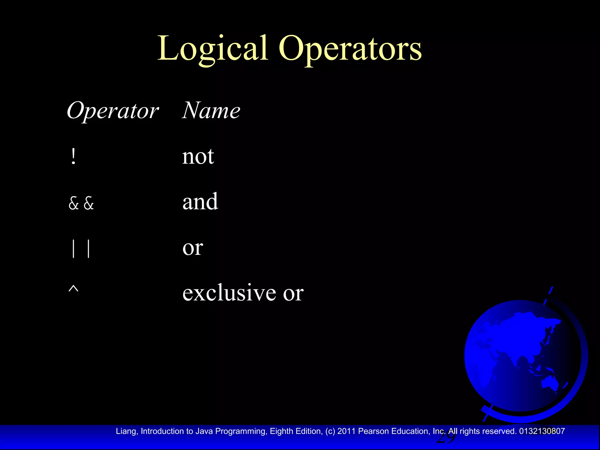 Logical Operators
Operator Name
!

not

&&

and

||

or

^

exclusive or

29

Liang, Introduction to Java Programming, Eighth Edition, (c) 2011 Pearson Education, Inc. All rights reserved. 0132130807

 