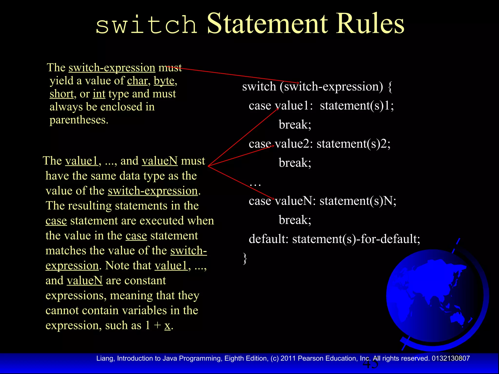 switch Statement Rules
The switch-expression must
yield a value of char, byte,
short, or int type and must
always be enclosed in
parentheses.

The value1, ..., and valueN must
have the same data type as the
value of the switch-expression.
The resulting statements in the
case statement are executed when
the value in the case statement
matches the value of the switchexpression. Note that value1, ...,
and valueN are constant
expressions, meaning that they
cannot contain variables in the
expression, such as 1 + x.

switch (switch-expression) {
case value1: statement(s)1;
break;
case value2: statement(s)2;
break;
…
case valueN: statement(s)N;
break;
default: statement(s)-for-default;
}

45

Liang, Introduction to Java Programming, Eighth Edition, (c) 2011 Pearson Education, Inc. All rights reserved. 0132130807

 