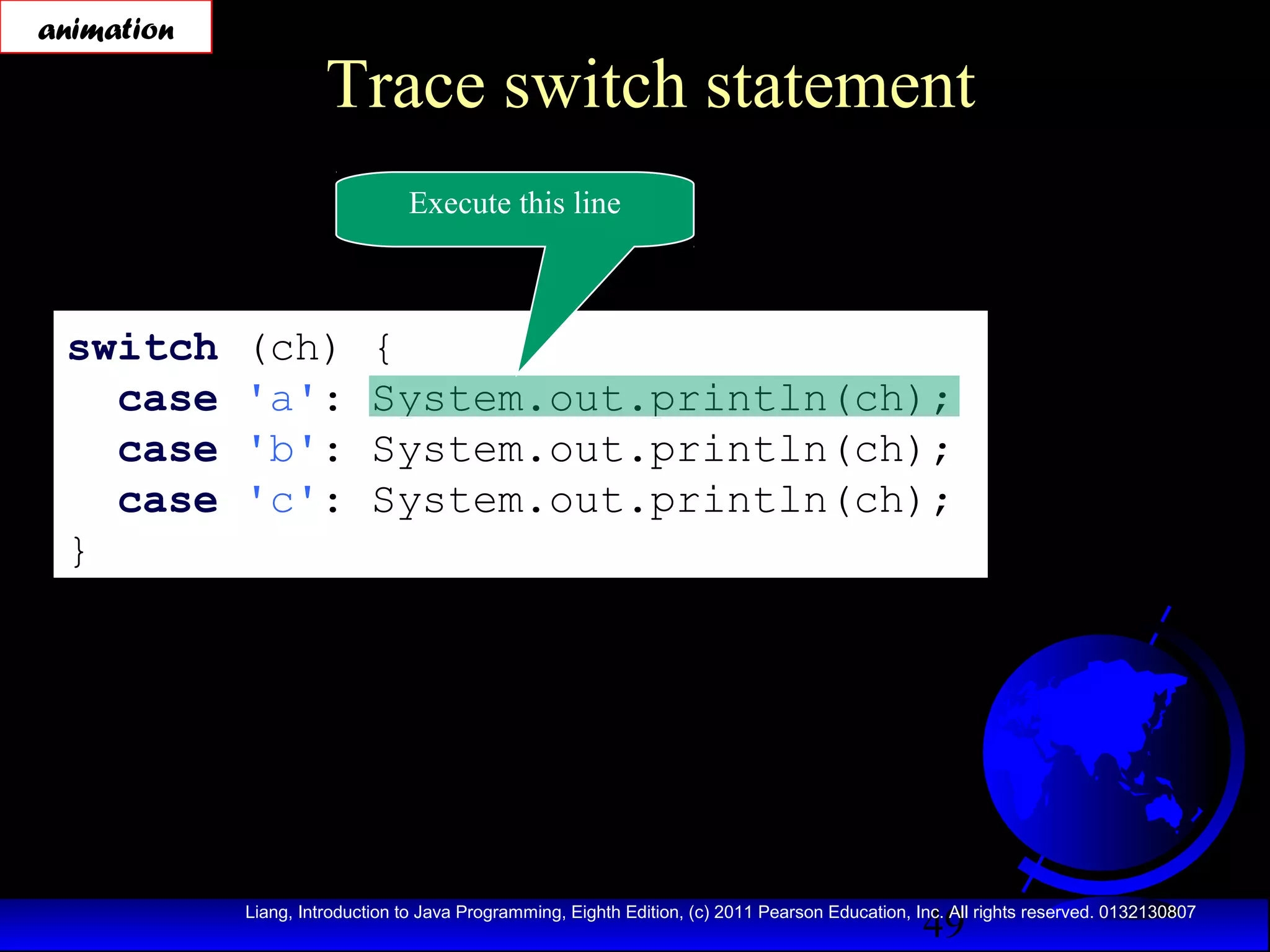 animation

Trace switch statement
Execute this line

switch
case
case
case
}

(ch)
'a':
'b':
'c':

{
System.out.println(ch);
System.out.println(ch);
System.out.println(ch);

49

Liang, Introduction to Java Programming, Eighth Edition, (c) 2011 Pearson Education, Inc. All rights reserved. 0132130807

 