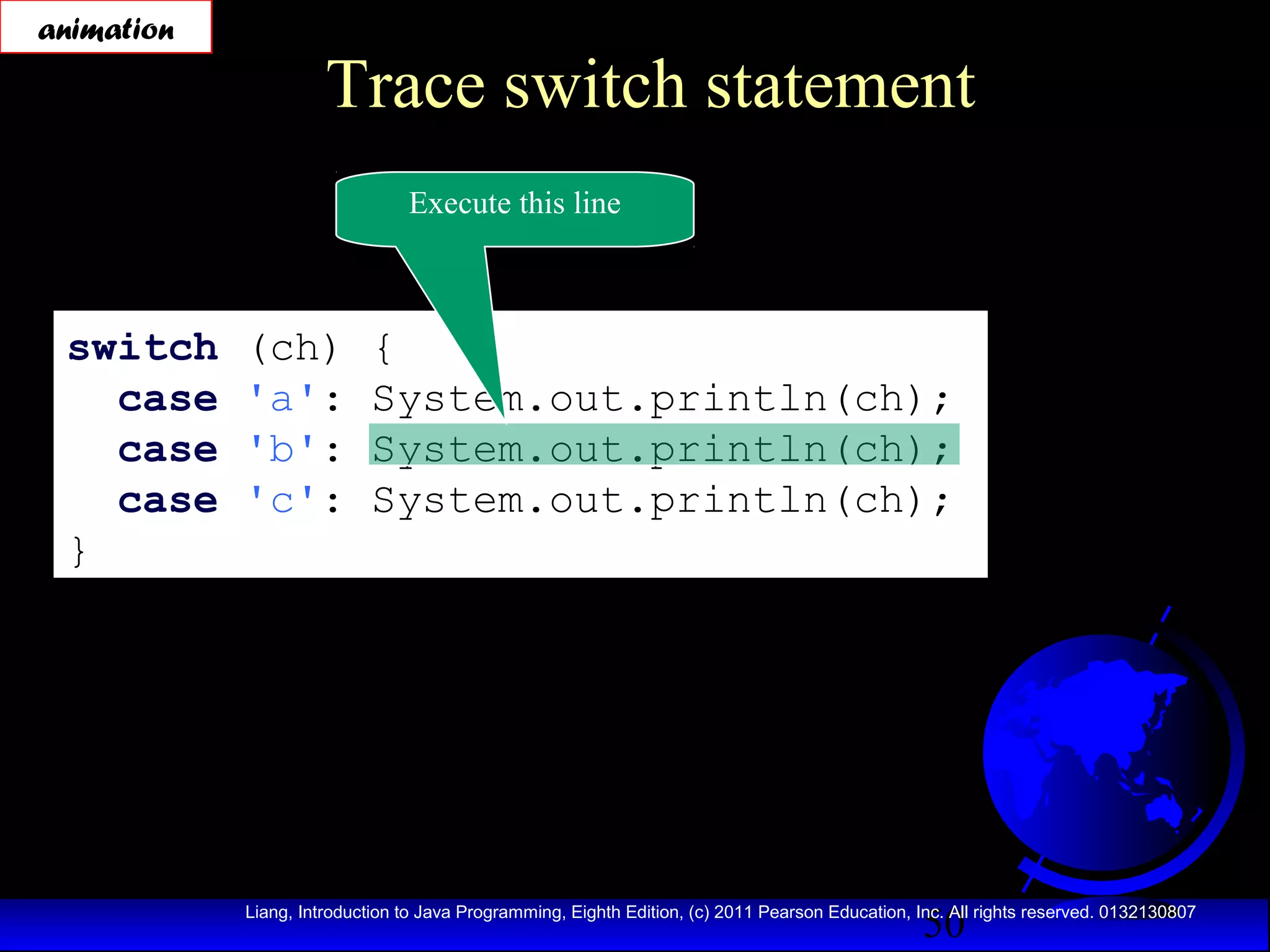 animation

Trace switch statement
Execute this line

switch
case
case
case
}

(ch)
'a':
'b':
'c':

{
System.out.println(ch);
System.out.println(ch);
System.out.println(ch);

50

Liang, Introduction to Java Programming, Eighth Edition, (c) 2011 Pearson Education, Inc. All rights reserved. 0132130807

 