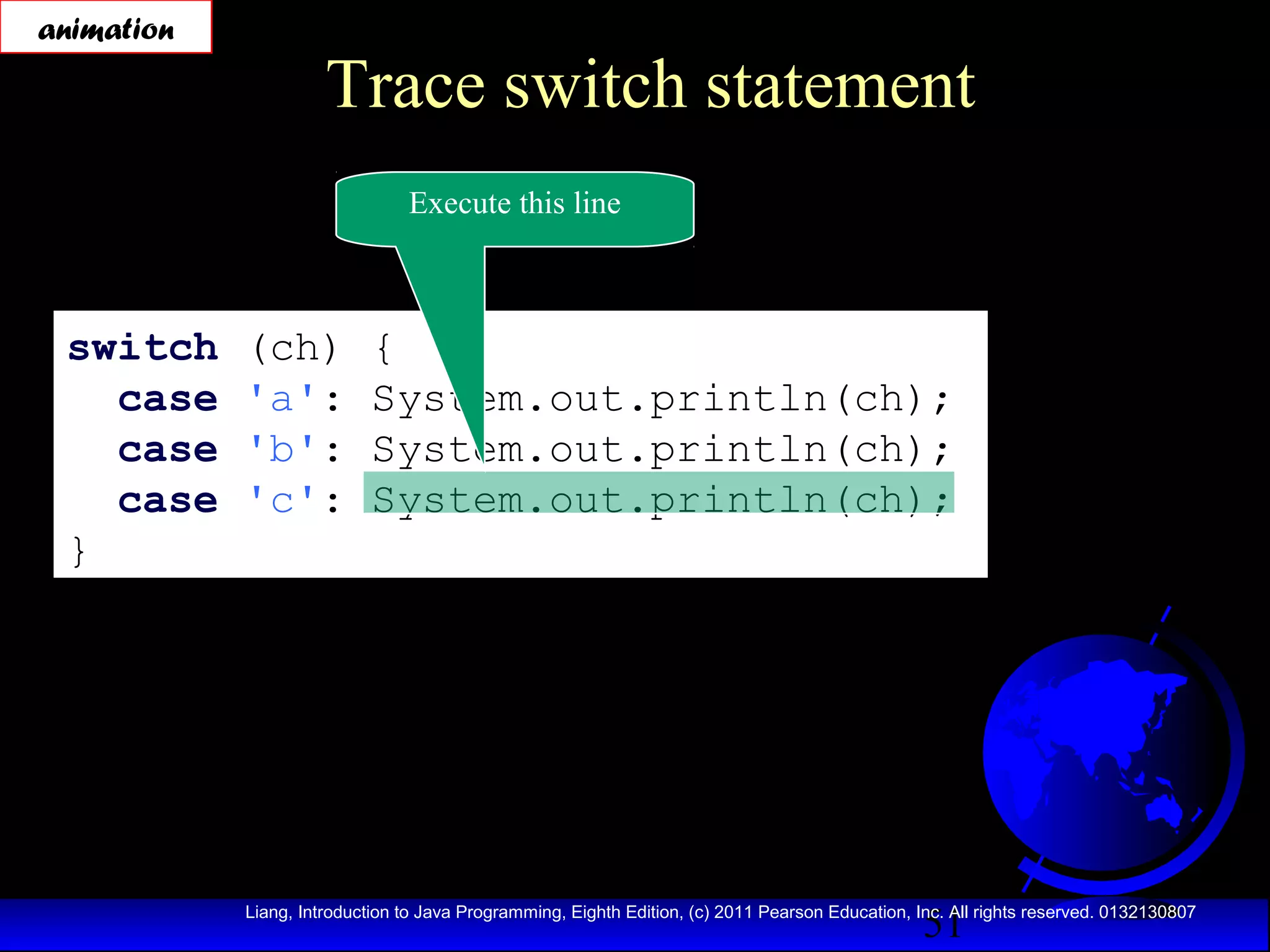 animation

Trace switch statement
Execute this line

switch
case
case
case
}

(ch)
'a':
'b':
'c':

{
System.out.println(ch);
System.out.println(ch);
System.out.println(ch);

51

Liang, Introduction to Java Programming, Eighth Edition, (c) 2011 Pearson Education, Inc. All rights reserved. 0132130807

 