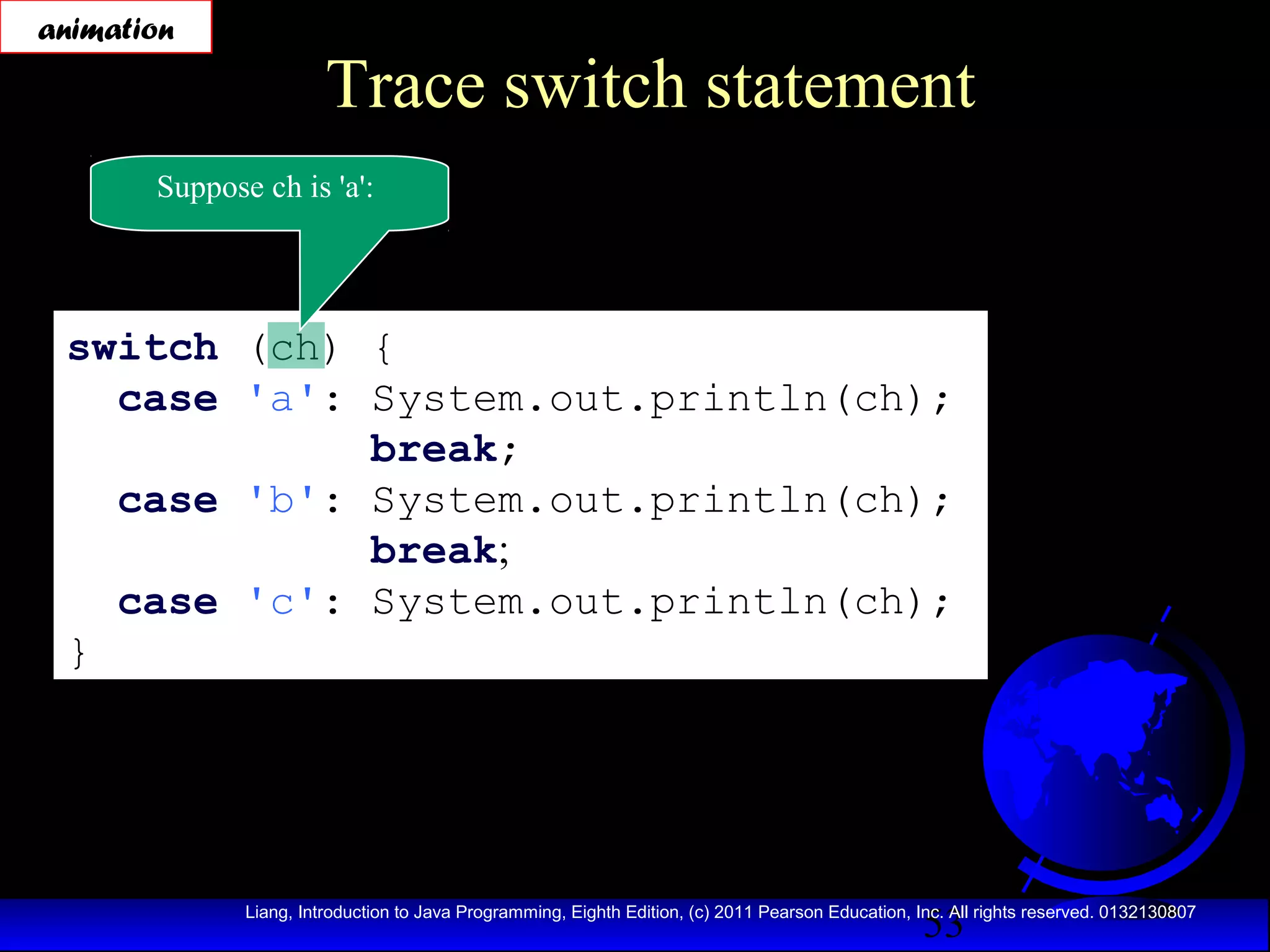 animation

Trace switch statement

Suppose ch is 'a':

switch (ch) {
case 'a': System.out.println(ch);
break;
case 'b': System.out.println(ch);
break;
case 'c': System.out.println(ch);
}

53

Liang, Introduction to Java Programming, Eighth Edition, (c) 2011 Pearson Education, Inc. All rights reserved. 0132130807

 