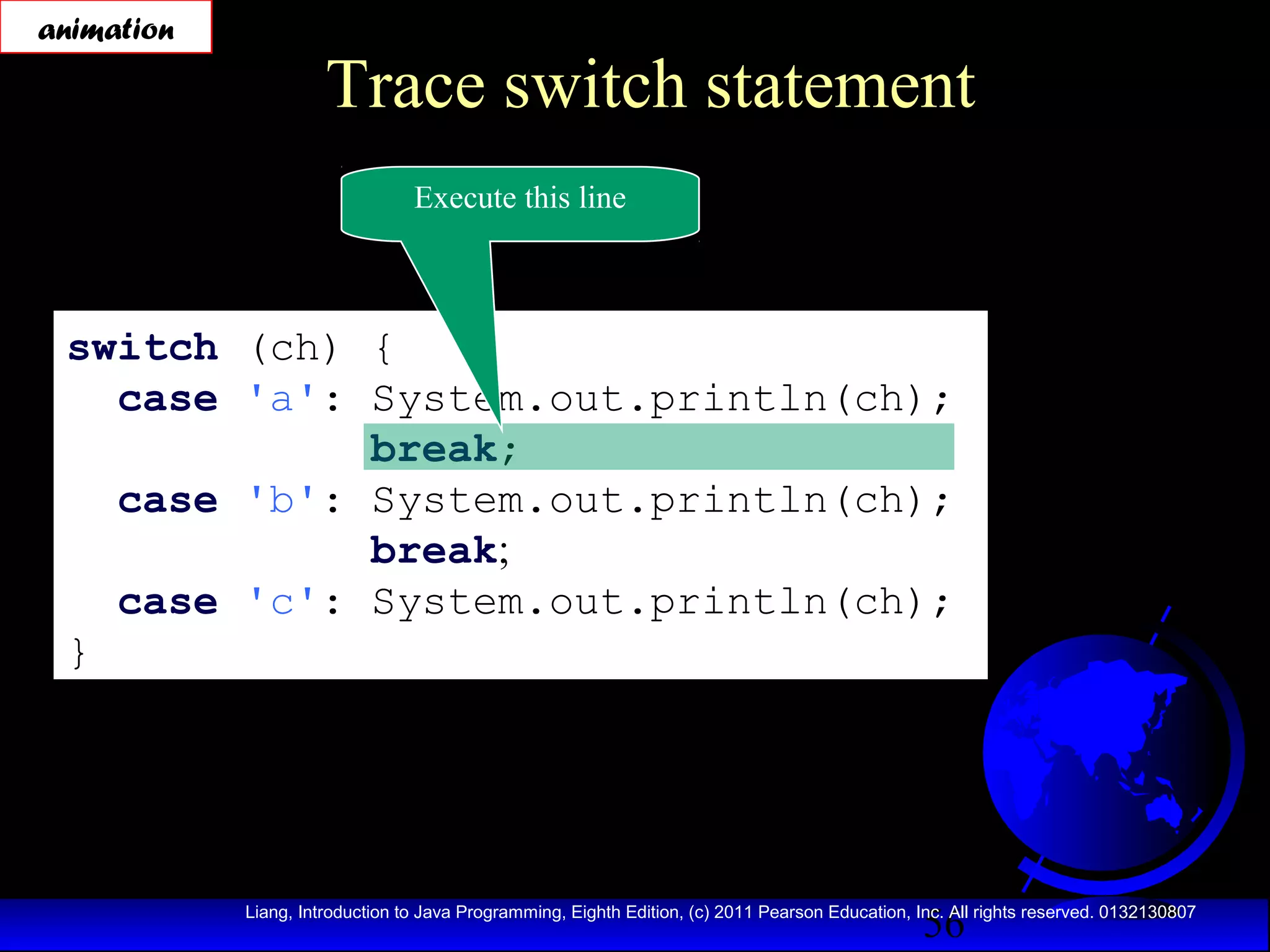 animation

Trace switch statement
Execute this line

switch (ch) {
case 'a': System.out.println(ch);
break;
case 'b': System.out.println(ch);
break;
case 'c': System.out.println(ch);
}

56

Liang, Introduction to Java Programming, Eighth Edition, (c) 2011 Pearson Education, Inc. All rights reserved. 0132130807

 