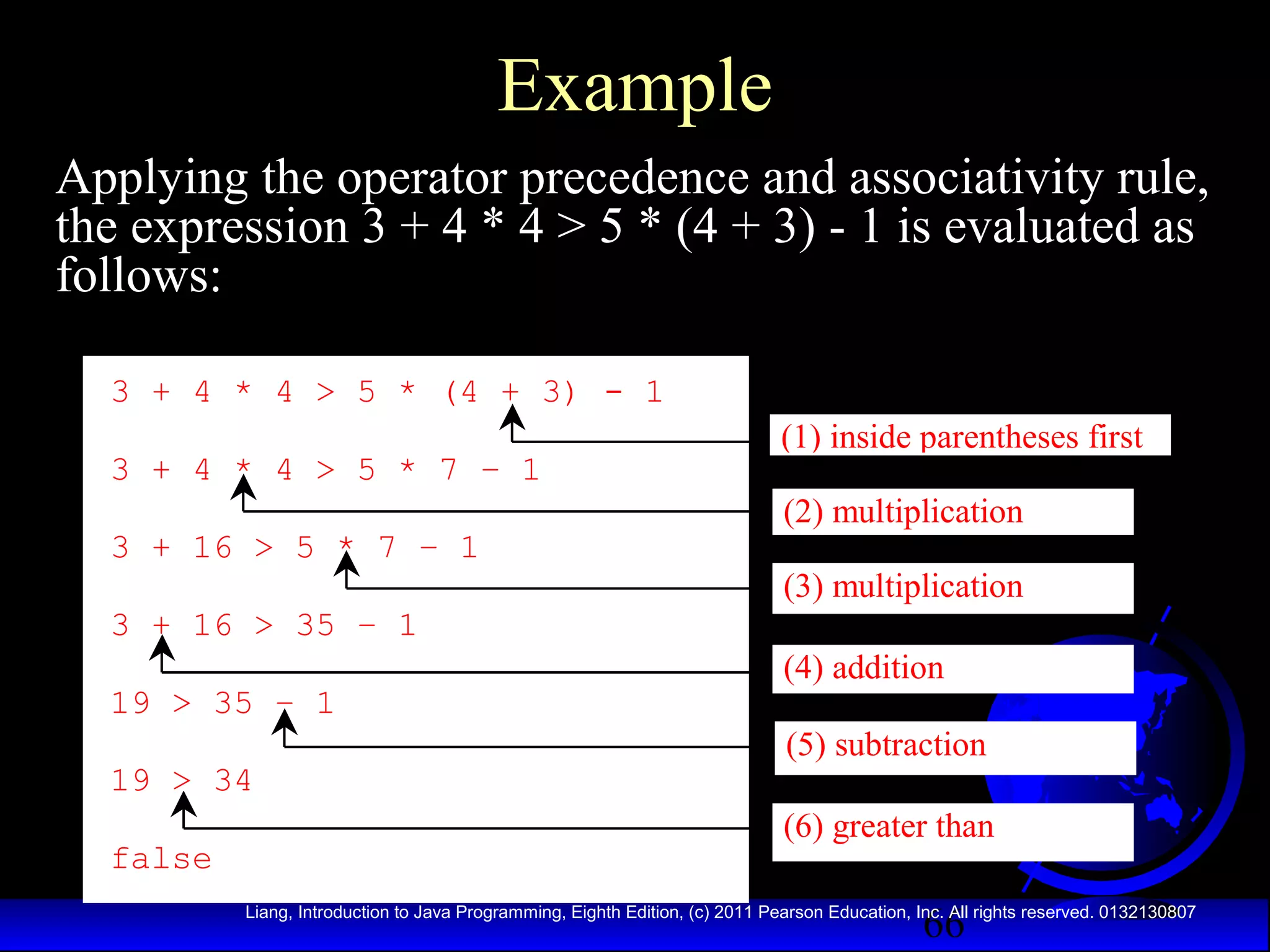 Example
Applying the operator precedence and associativity rule,
the expression 3 + 4 * 4 > 5 * (4 + 3) - 1 is evaluated as
follows:
3 + 4 * 4 > 5 * (4 + 3) - 1
3 + 4 * 4 > 5 * 7 – 1
3 + 16 > 5 * 7 – 1

(1) inside parentheses first
(2) multiplication
(3) multiplication

3 + 16 > 35 – 1
19 > 35 – 1
19 > 34
false

(4) addition
(5) subtraction
(6) greater than

66

Liang, Introduction to Java Programming, Eighth Edition, (c) 2011 Pearson Education, Inc. All rights reserved. 0132130807

 