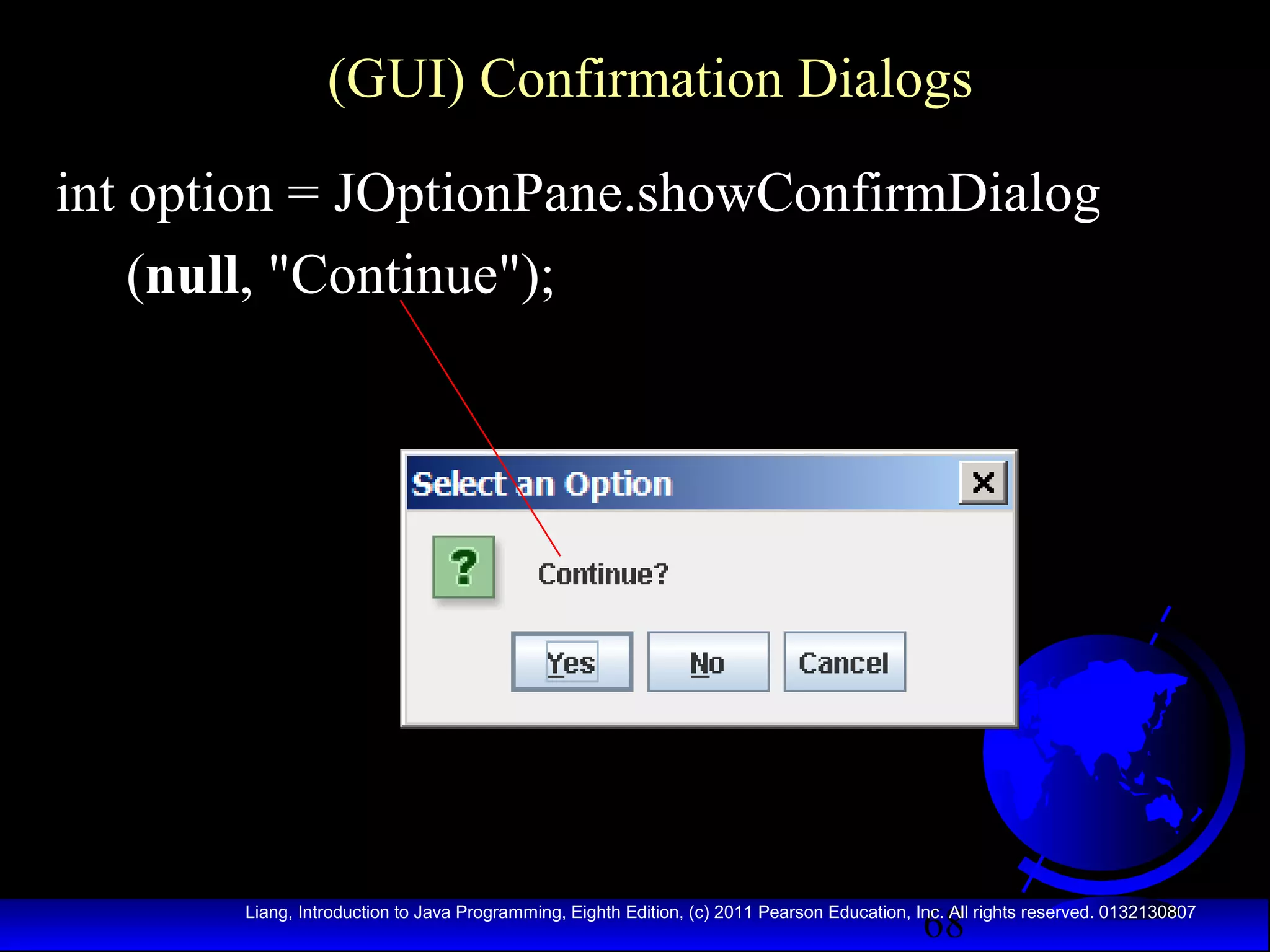 (GUI) Confirmation Dialogs
int option = JOptionPane.showConfirmDialog
(null, "Continue");

68

Liang, Introduction to Java Programming, Eighth Edition, (c) 2011 Pearson Education, Inc. All rights reserved. 0132130807

 