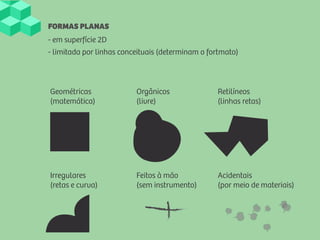 FORMAS PLANAS
- em superfície 2D
- limitada por linhas conceituais (determinam o fortmato)
Geométricas
(matemática)
Orgânicos
(livre)
Retilíneos
(linhas retas)
Irregulares
(retas e curva)
Feitos à mão
(sem instrumento)
Acidentais
(por meio de materiais)
 