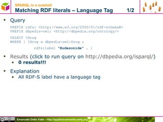 SPARQL in a nutshell  Matching RDF literals – Language Tag  1/2 Query PREFIX rdfs: <http://www.w3.org/2000/01/rdf-schema#> PREFIX dbpedia-owl: <http://dbpedia.org/ontology/> SELECT ?drug  WHERE { ?drug a dbpedia-owl:Drug ; rdfs:label  "Budesonide"  . } Results  (click to run query on  http://dbpedia.org/isparql/ ) 0 results!!! Explanation All RDF-S label have a language tag 