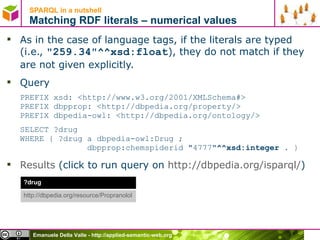 SPARQL in a nutshell  Matching RDF literals – numerical values As in the case of language tags, if the literals are typed (i.e.,  "259.34"^^xsd:float ), they do not match if they are not given explicitly. Query PREFIX xsd: <http://www.w3.org/2001/XMLSchema#> PREFIX dbpprop: <http://dbpedia.org/property/> PREFIX dbpedia-owl: <http://dbpedia.org/ontology/> SELECT ?drug  WHERE { ?drug a dbpedia-owl:Drug ;   dbpprop:chemspiderid "4777" ^^xsd:integer  . } Results  (click to run query on  http://dbpedia.org/isparql/ ) ?drug http://dbpedia.org/resource/Propranolol   