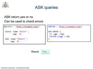 Jose Emilio Labra Gayo – Universidad de Oviedo
ASK queries
ASK return yes or no
Can be used to check errors
Yes
@prefix : <http://example.org/>.
:alice :name "Alice" ;
:age 31 .
:bob :name "Robert" ;
:age 31 .
PREFIX : <http://example.org/>
ASK WHERE {
?x :age ?age
FILTER (?age > 18)
}
Result
 