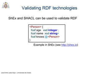 Jose Emilio Labra Gayo – Universidad de Oviedo
Validating RDF technologies
ShEx and SHACL can be used to validate RDF
<Person> {
foaf:age xsd:integer ;
foaf:name xsd:string+
foaf:knows @<Person>
}
Example in ShEx (see http://shex.io)
 