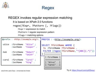 Jose Emilio Labra Gayo – Universidad de Oviedo
Regex
REGEX invokes regular expression matching
It is based on XPath 2.0 fu...