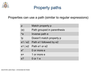Jose Emilio Labra Gayo – Universidad de Oviedo
Property paths
Properties can use a path (similar to regular expressions)
p...