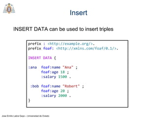 Jose Emilio Labra Gayo – Universidad de Oviedo
Insert
INSERT DATA can be used to insert triples
prefix : <http://example.o...