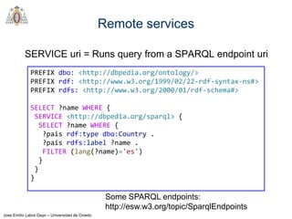 Jose Emilio Labra Gayo – Universidad de Oviedo
Remote services
SERVICE uri = Runs query from a SPARQL endpoint uri
PREFIX ...