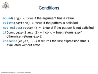 Jose Emilio Labra Gayo – Universidad de Oviedo
Conditions
bound(arg) = true if the argument has a value
exists(pattern) = ...
