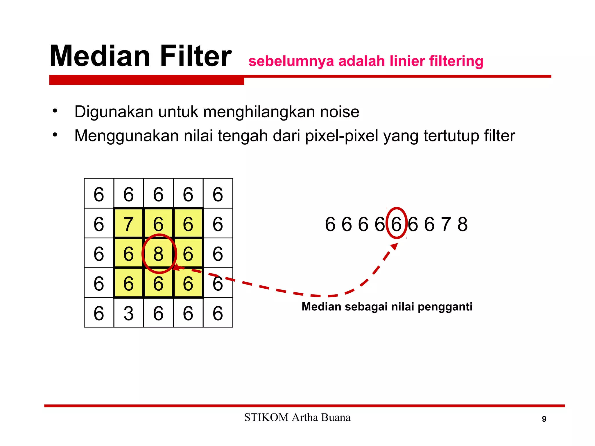 Median Filter sebelumnya adalah linier filtering
9
• Digunakan untuk menghilangkan noise
• Menggunakan nilai tengah dari pixel-pixel yang tertutup filter
6 7 6 6 6
6 6 8 6 6
6 6 6 6 6
6 6 6 6 6
6 3 6 6 6
6 6 6 6 6 6 6 7 8
Median sebagai nilai pengganti
STIKOM Artha Buana
 