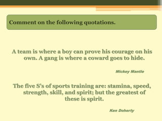 The five S's of sports training are: Stamina, Speed, Strength, Skill, and  Spirit; but the greatest of these is Spirit.” –Ken Doherty