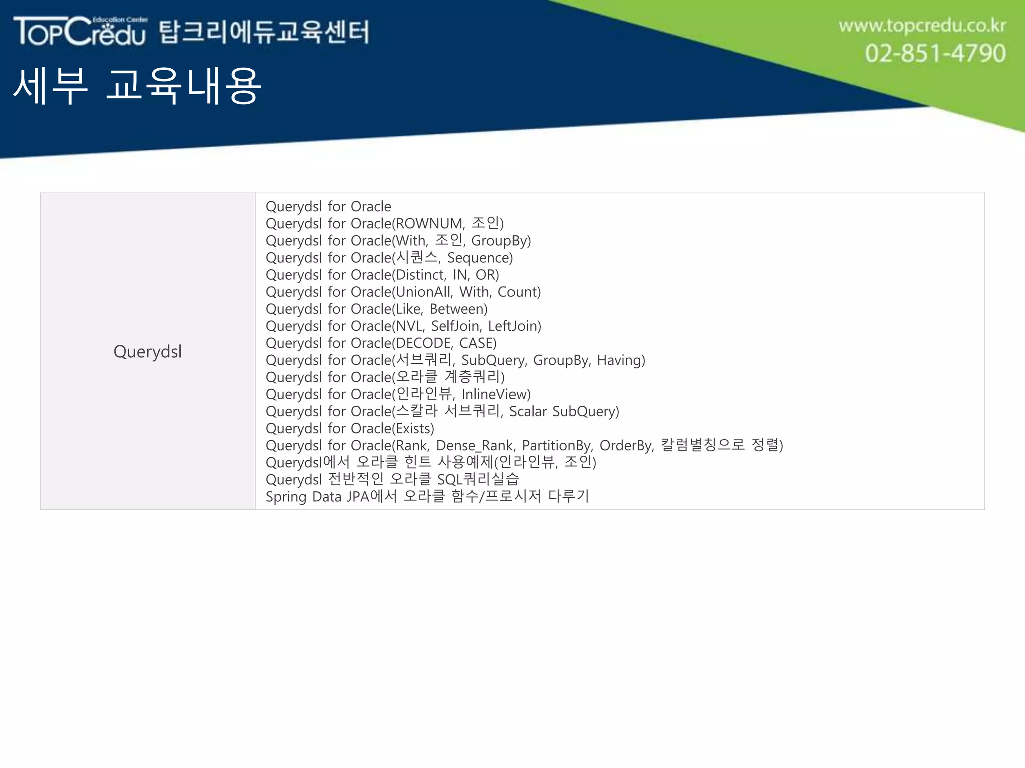 세부 교육내용
Querydsl
Querydsl for Oracle
Querydsl for Oracle(ROWNUM, 조인)
Querydsl for Oracle(With, 조인, GroupBy)
Querydsl for Oracle(시퀀스, Sequence)
Querydsl for Oracle(Distinct, IN, OR)
Querydsl for Oracle(UnionAll, With, Count)
Querydsl for Oracle(Like, Between)
Querydsl for Oracle(NVL, SelfJoin, LeftJoin)
Querydsl for Oracle(DECODE, CASE)
Querydsl for Oracle(서브쿼리, SubQuery, GroupBy, Having)
Querydsl for Oracle(오라클 계층쿼리)
Querydsl for Oracle(인라인뷰, InlineView)
Querydsl for Oracle(스칼라 서브쿼리, Scalar SubQuery)
Querydsl for Oracle(Exists)
Querydsl for Oracle(Rank, Dense_Rank, PartitionBy, OrderBy, 칼럼별칭으로 정렬)
Querydsl에서 오라클 힌트 사용예제(인라인뷰, 조인)
Querydsl 전반적인 오라클 SQL쿼리실습
Spring Data JPA에서 오라클 함수/프로시저 다루기
 