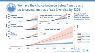 1950 2000 2050 2100
0.3
0.2
Antarctic
ice sheet mass loss
2150 2200 2250 2300
Greenland
ice sheet mass loss
Glacier
mass loss
0.1
0
0.3
0.2
0.1
0
0.3
0.2
0.1
0
Ocean heat content (0−2000 m depth)
as 1021 Joules (right axis)
Metres
2400
1600
800
0
1950 2000 2050 2100
0.84 m
0.43 m
Global mean sea level
5
4
3
2
1
0
We have the choice between below 1 metre and
up to several metres of sea level rise by 2300
Primary drivers of
global mean sea level
Values as sea level equivalent
Changes relative to 1986–2005
Historical (observed)
Historical (modelled)
Projected (RCP2.6)
Projected (RCP8.5)
MetresMetres
Metres
 