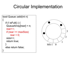 Circular Implementation bool Queue::add(int n)‏ { if (! isFull() ) {  QueueArray[rear] = n;  rear++; if (rear == maxSize)  rear = 0;  size++; return true;  } else return false; } 0 1 2 3 MS-1 