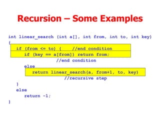 Recursion – Some Examples int linear_search (int a[], int from, int to, int key)‏ { if (from <= to) { //end condition if (key == a[from]) return from;  //end condition else return linear_search(a, from+1, to, key) //recursive step } else return -1; } 