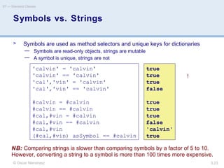 © Oscar Nierstrasz
ST — Standard Classes
3.23
Symbols vs. Strings
> Symbols are used as method selectors and unique keys for dictionaries
— Symbols are read-only objects, strings are mutable
— A symbol is unique, strings are not
NB: Comparing strings is slower than comparing symbols by a factor of 5 to 10.
However, converting a string to a symbol is more than 100 times more expensive.
'calvin' = 'calvin'
'calvin' == 'calvin'
'cal','vin' = 'calvin'
'cal','vin' == 'calvin'
#calvin = #calvin
#calvin == #calvin
#cal,#vin = #calvin
#cal,#vin == #calvin
#cal,#vin
(#cal,#vin) asSymbol == #calvin
true
true
true
false
true
true
true
false
'calvin'
true
!
 