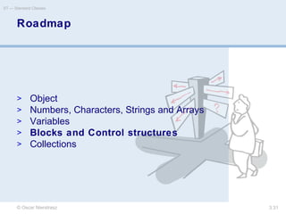 © Oscar Nierstrasz
ST — Standard Classes
3.31
Roadmap
> Object
> Numbers, Characters, Strings and Arrays
> Variables
> Blocks and Control structures
> Collections
 