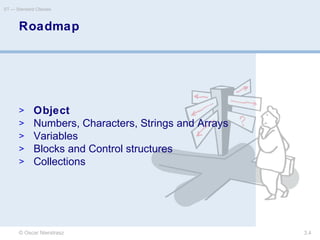 © Oscar Nierstrasz
ST — Standard Classes
3.4
Roadmap
> Object
> Numbers, Characters, Strings and Arrays
> Variables
> Blocks and Control structures
> Collections
 