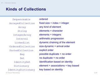 © Oscar Nierstrasz
ST — Standard Classes
3.44
Kinds of Collections
Sequenceable ordered
ArrayedCollection fixed size + index = integer
Array any kind of element
String elements = character
IntegerArray elements = integers
Interval arithmetic progression
LinkedList dynamic chaining of the element
OrderedCollection size dynamic + arrival order
SortedCollection explicit order
Bag possible duplicate + no order
Set no duplicate + no order
IdentitySet identification based on identity
Dictionary element = associations + key based
IdentityDictionary key based on identity
 