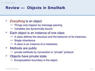 © Oscar Nierstrasz
ST — Standard Classes
3.5
Review — Objects in Smalltalk
> Everything is an object
— Things only happen by message passing
— Variables are dynamically bound
> Each object is an instance of one class
— A class defines the structure and the behavior of its instances.
— Single inheritance
— A class is an instance of a metaclass
> Methods are public
— private methods by convention in “private” protocol
> Objects have private state
— Encapsulation boundary is the object
 