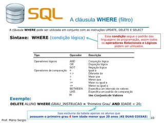 1010
Prof. Mário Sergio
10
A cláusula WHERE (filtro)
Exemplo:
A cláusula WHERE pode ser utilizada em conjunto com as instruções UPDATE, DELETE E SELECT
Sintaxe: WHERE (condição lógica)
DELETE ALUNO WHERE GRAU_INSTRUCAO = 'Primeiro Grau‘ AND IDADE < 20;
Isso excluiria da tabela apenas os alunos que
possuem o primeiro grau E tem idade menor que 20 anos (AS DUAS COISAS)
Essa condição segue o padrão das
linguagens de programação, assim todos
os operadores Relacionais e Lógicos
podem ser utilizados.
 
