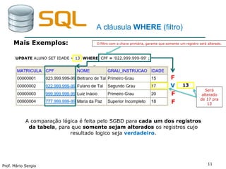 Prof. Mário Sergio
11
A cláusula WHERE (filtro)
Mais Exemplos:
UPDATE ALUNO SET IDADE = 13 WHERE CPF = '022.999.999-99‘ ;
F
F
V
F
13
A comparação lógica é feita pelo SGBD para cada um dos registros
da tabela, para que somente sejam alterados os registros cujo
resultado logico seja verdadeiro.
Será
alterado
de 17 pra
13
O filtro com a chave primária, garante que somente um registro será alterado.
 