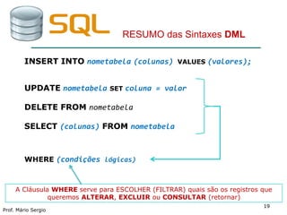 1919
Prof. Mário Sergio
19
RESUMO das Sintaxes DML
INSERT INTO nometabela (colunas) VALUES (valores);
UPDATE nometabela SET coluna = valor
DELETE FROM nometabela
SELECT (colunas) FROM nometabela
WHERE (condições lógicas)
A Cláusula WHERE serve para ESCOLHER (FILTRAR) quais são os registros que
queremos ALTERAR, EXCLUIR ou CONSULTAR (retornar)
 