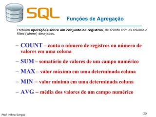Prof. Mário Sergio
20
Funções de Agregação
Efetuam operações sobre um conjunto de registros, de acordo com as colunas e
filtro (where) desejados.
 