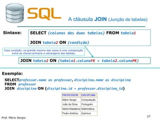 Prof. Mário Sergio
27
A cláusula JOIN (Junção de tabelas)
Exemplo:
SELECT (colunas das duas tabelas) FROM tabela1
JOIN tabela2 ON (condição)
JOIN tabela2 ON (tabela1.colunaFK = tabela2.colunaPK)
Essa condição, na grande maioria das vezes é uma comparação
entre as chaves primaria e estrangeria das tabelas.
Sintaxe:
SELECTprofessor.nome as professor, disciplina.nome as disciplina
FROM professor
JOIN disciplina ON (disciplina.id = professor.disciplina_id)
 