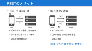 RESTのメリット
• どんな方式で通信したら良い？
• データのフォーマットは？
• URIの名前規則は？
• RESTではない通
信
• RESTfulな通信
• HTTPのGET
• JSON形式（xmlとかもある）
• URIが名詞
?
?
GET
JSO
N
決まった方式で扱いやすい
client server client server
 