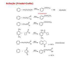 Acilação (Friedel-Crafts)

                                                           CH(CH3)2
                                         AlCl3
                 + CH3CH2CH2OH                                        + HBr         (alquilação)

                                                 principalmente

                                   O                       COCH2CH3
                                         AlCl3
                 + CH3CH2C
                                   Cl

                              O                            COCH(CH3)2
                                        AlCl3
                 + (CH3)2CH
                              Cl

           CH3            O                          CH3 O
                         C                               C
                 +         Cl           AlCl3


           CH3
                                                     CH3

                                   O    AlCl3
                 CH2CH2CH2C                                                   (intramolecular)
                                   Cl                             η = 90 %
                                                           O
                        O                                            O
                                        AlCl3              C-CH2CH2C
                  +      O                                 O        OH

                         O                                        η = 80 %
 