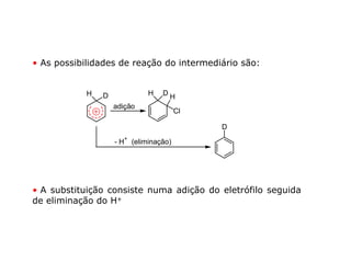 • As possibilidades de reação do intermediário são:


            H   D             H   DH
                    adição
                                        Cl

                                             D

                    - H+ (eliminação)




• A substituição consiste numa adição do eletrófilo seguida
de eliminação do H+
 
