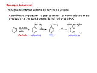 Exemplo industrial

Produção de estireno a partir de benzeno e etileno

 • Monômero importante ⇒ poli(estireno), 3o termoplástico mais
 produzido na Inglaterra depois de poli(etileno) e PVC

                         CH2-CH3        CH=CH2          CH-CH2
          H2C=CH2              - H2              R
          AlCl3
                                                                      n
         alquilação   etilbenzeno     estireno       poli(estireno)
 