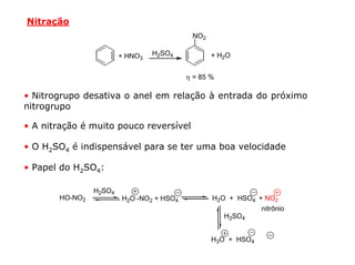 Nitração
                                           NO2

                        + HNO3   H2SO4           + H2O


                                          η = 85 %

• Nitrogrupo desativa o anel em relação à entrada do próximo
nitrogrupo

• A nitração é muito pouco reversível

• O H2SO4 é indispensável para se ter uma boa velocidade

• Papel do H2SO4:

                H2SO4
       HO-NO2           H2O -NO2 + HSO4          H2O + HSO4 + NO2
                                                             nitrônio
                                                    H2SO4


                                                 H3O + HSO4
 