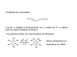 • Relações de velocidade:


                            k C6H5NO2               ≅ 1 a 25 oC
                                        k C6D5NO2


• Como a relação é praticamente um, a saída do H+ é rápida
(não há efeito isotópico primário)

• Foi possível isolar um intermediário de Wheland:

       Me
                                      Me      NO2
  Me        Me   NO2 BF4         Me             Me           Nessa temperatura é
  Me        Me    - 70 oC        Me                 Me       detectável em RMN
       Me                                  Me
 