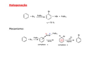 Halogenação

                                   Br

                + Br2    FeBr3             + HBr + FeBr3


                                  η = 75 %


Mecanismo:
                                 δ+ δ− FeBr3
                                  Br-Br          H                  Br
                                                     Br
                      FeBr3
              + Br2                                          -H
                                   lento                   rápido
                          complexo π            complexo σ
 