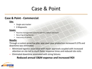 Case & Point
Case & Point - Commercial:
Site:
• Single-axis tracker
• 6 Megawatts
Issues:
• Reactive management scenario wait for a failure and react
• Recurring string failures
• Inaccuracy of sensors
Results:
Through a custom proactive plan year-over-year production increased 9.37% and
downtime was eliminated.
– Minimized logistics associated with repair approvals coupled with increased
attention on site led to much faster response times and reduced site visits
– Eliminated downtime associated with string failures
Reduced annual O&M expense and increased ROI
 